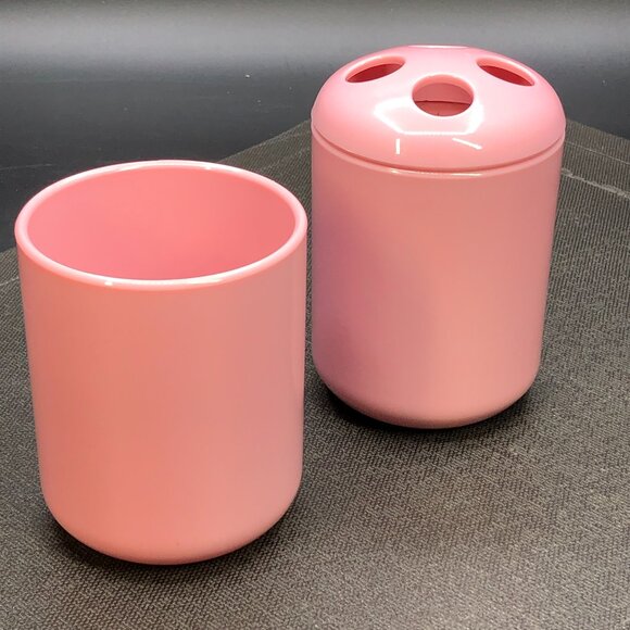 Vintage 80s TEA ROSE Dusty Pink Bathroom Accessory Set: Toothbrush Holder - Cup - Picture 1 of 8
